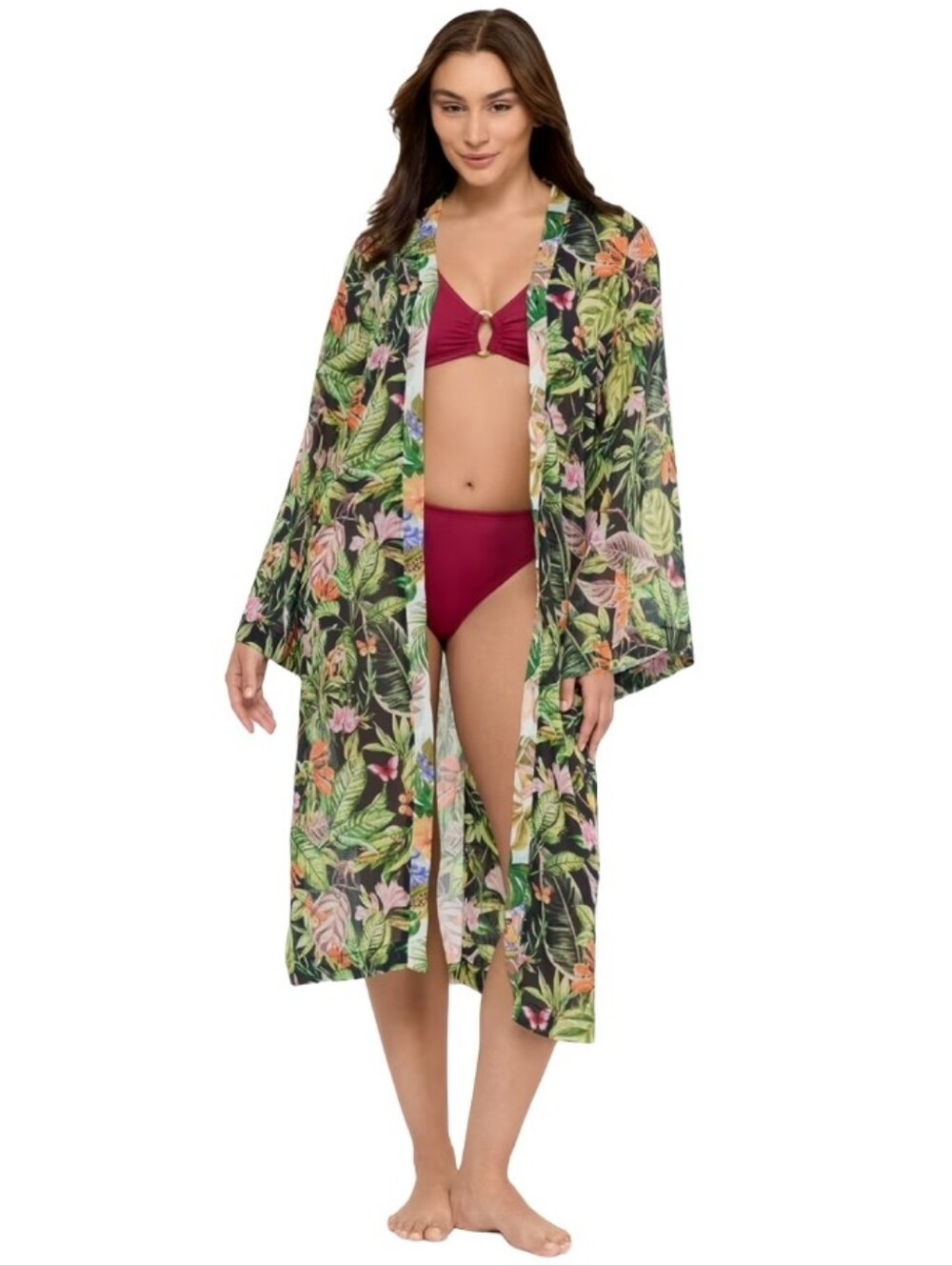 Sofia By Sofia Vergara Midi Length Kimono Cover Up In Hidden Rainforest Print